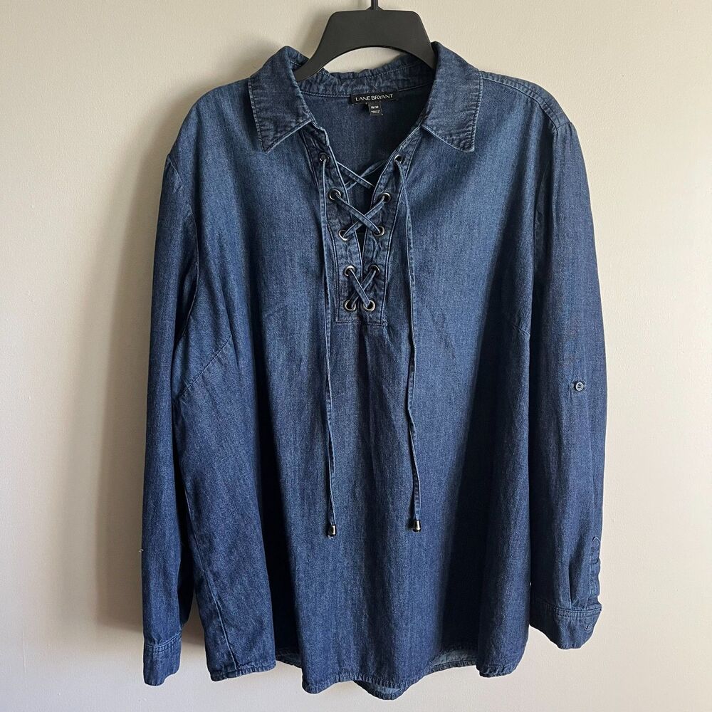 Lane Bryant Chambray Denim Lace-Up Tunic Top Blue 18/20 Roll Lab Long Sleeve